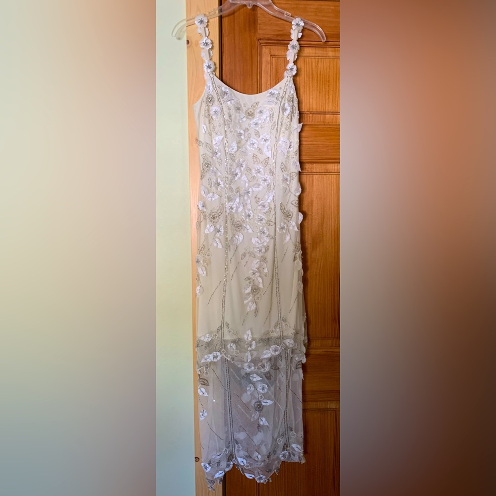 Cache Woman’s beaded sequined & leaf appliqué gown.